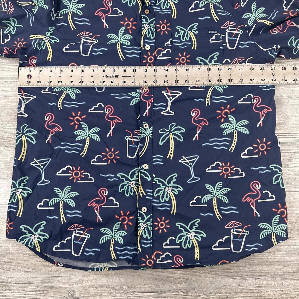 Chubbies Shirt Mens XL Blue Hawaiian Flamingos Palm Tiki Beach Resort Camp EUC - Picture 4 of 7